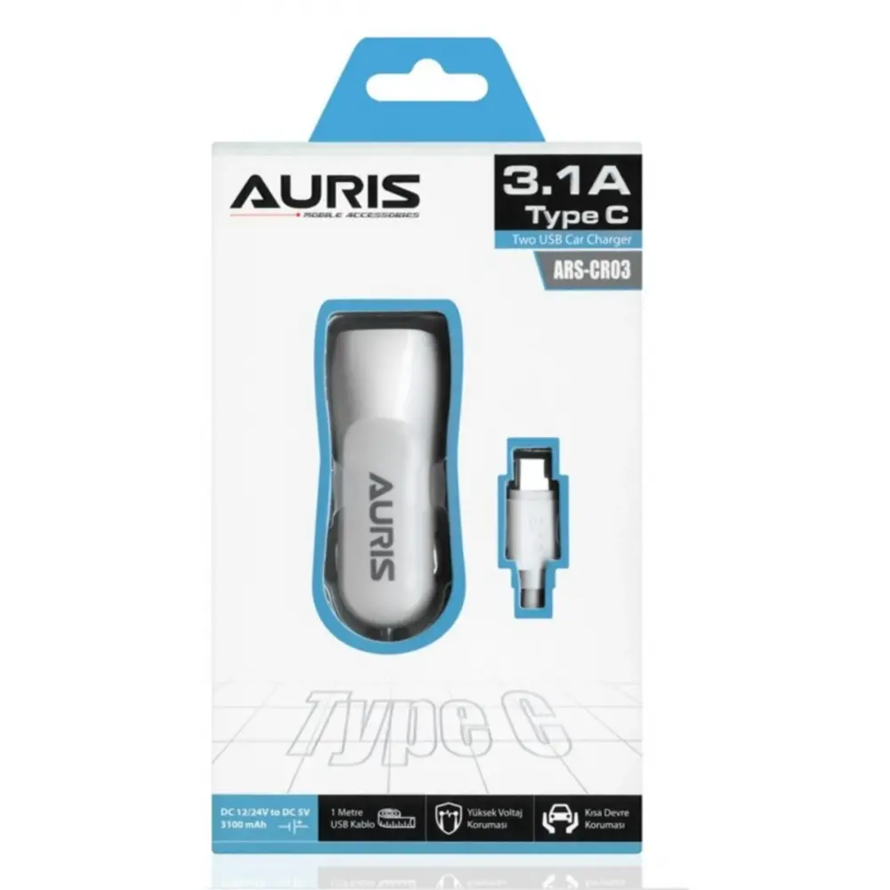 AurisAuris Ars-Cr03 3.1a Hızlı Type-c Kablo 2 Usb Girişli Araç Oto Şarj Başlığı Çakmaklık Typec 3.1 Amper