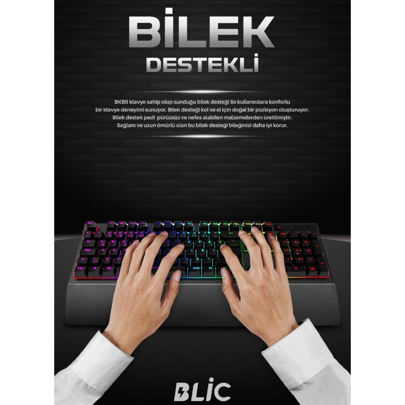 Siyah Bilek Destekli Rgb Red Switch Türkçe Q Gaming Oyuncu Mekanik Klavye BKB5