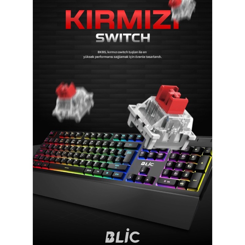 Siyah Bilek Destekli Rgb Red Switch Türkçe Q Gaming Oyuncu Mekanik Klavye BKB5